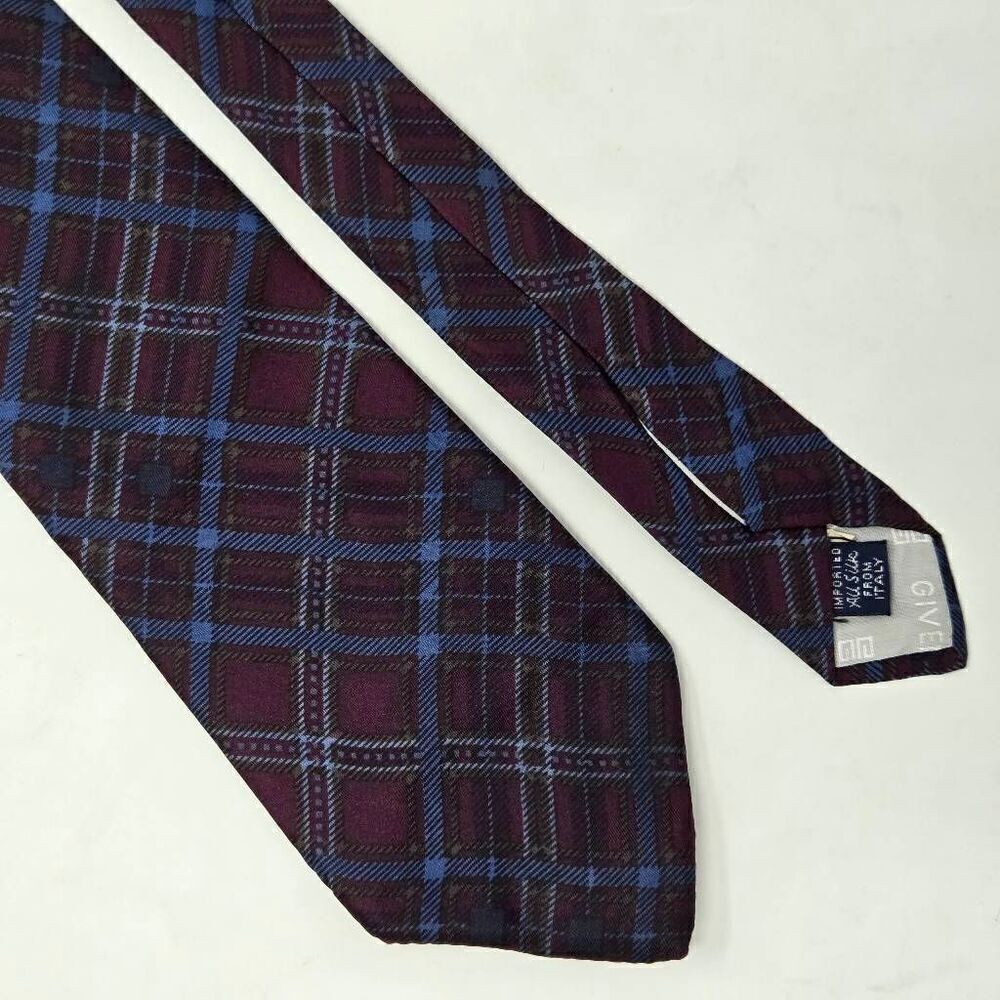 GIVENCHY GENTLEMAN PARIS SILK TIE MAROON BLUE TARTAN PLAID 3.5" X 55"